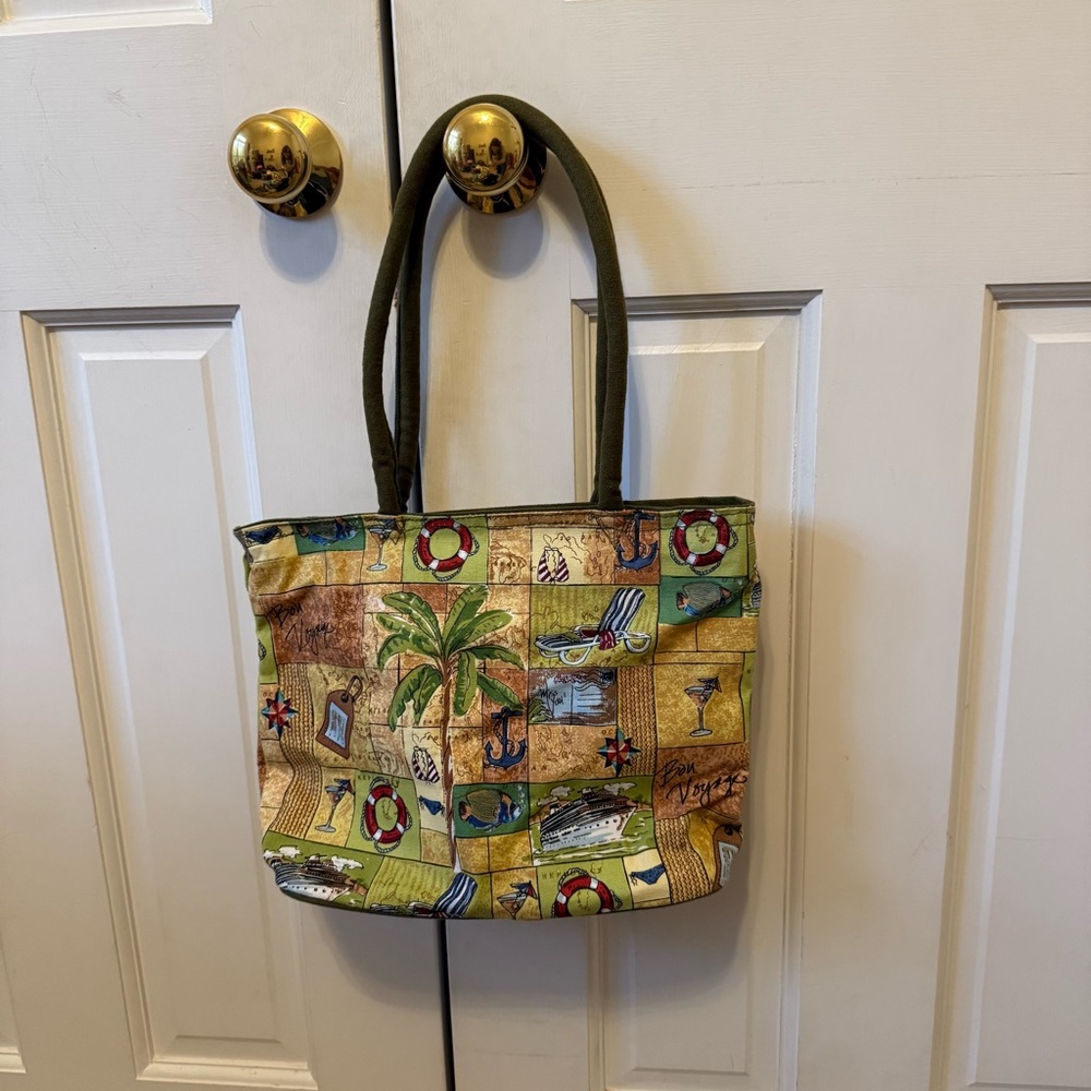 Vintage Anne Ormsby Canvas Cruise Tropical Print Beaded Design Tote Bag